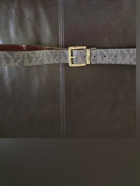 Michael Kors Womens Brown Monogram Logo Reversible Belt with Gold Buckle